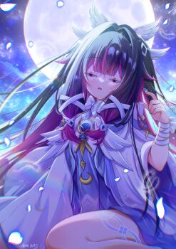 168_azusa 1girl absurdres angel_wings black_hair blunt_bangs bow chromatic_aberration closed_eyes columbina_(genshin_impact) commentary_request cowlick crescent_ornament dress eye_mask eyelashes facing_viewer falling_feathers falling_petals feathered_wings feathers full_moon genshin_impact hair_intakes hair_ribbon hair_tubes hand_up head_wings highres layered_sleeves long_hair long_sleeves mask moon multicolored_hair multiple_wings open_mouth outdoors petals pink_hair purple_sleeves ribbon see-through_clothes see-through_mask sitting sky solo star_(sky) starry_sky streaked_hair thigh_strap tress_ribbon underwear wariza white_bow white_dress white_mask white_petals white_ribbon white_sleeves white_wings wide_sleeves wing_ornament wings wrist_bow