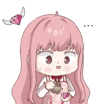 Rule 34 | ..., 1girl, bloom poetry (shining nikki), blush stickers, bow, bowtie, brown eyes, chibi, commentary, cross-laced clothes, cross-laced dress, diamond (gemstone), dress, dress ribbon, english commentary, gem, highres, holding, holding gem, holding sack, long hair, long sidelocks, long sleeves, looking at object, nervous smile, nikki (nikki), nikki (series), nonoberry22, open mouth, pinafore dress, pink dress, pink gem, pink hair, plaid clothes, plaid dress, poverty, red bow, red bowtie, red ribbon, ribbon, sack, shining nikki, shirt, sidelocks, simple background, sleeveless, sleeveless dress, smile, solo, surprised, sweatdrop, upper body, very long hair, wavy hair, white background, white shirt, wide-eyed