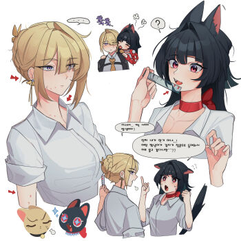 ... 2girls ? absurdres animal_ears astra_yao blonde_hair cat cat_ears cat_girl cat_tail commentary_request earrings evelyn_chevalier fangs highres holding holding_ruler jewelry korean_commentary korean_text mizmizu27 multiple_girls red_eyes ruler shirt smile speech_bubble tail translated white_background white_shirt yuri zenless_zone_zero