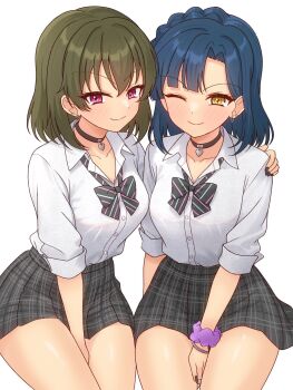 2girls 82k_mugi between_legs black_bow black_bowtie black_choker black_nails blue_hair blush bow bowtie bracelet breasts choker closed_mouth collared_shirt concept_gyarus_(idolmaster) earrings fingernails green_hair grey_skirt hand_between_legs hand_on_another&#039;s_shoulder heart heart_choker highres idolmaster idolmaster_million_live! idolmaster_million_live!_theater_days jewelry looking_at_viewer loose_bowtie medium_hair miniskirt multiple_girls nagayoshi_subaru nail_polish nanao_yuriko official_alternate_costume one_eye_closed open_collar pink_eyes plaid_clothes plaid_skirt scrunchie shirt side-by-side simple_background sitting skirt smile striped_bow striped_bowtie striped_clothes white_background white_shirt wrist_scrunchie yellow_eyes