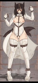 1girl absurdres animal_ears ball_gag bdsm blush bondage bondage_outfit boots bound breastless_clothes breastless_leotard breasts breasts_apart brown_eyes brown_hair chain clitoris_piercing clitoris_ring clothing_cutout collar crotch_cutout cuffs female_focus gag gag_harness gagged gatling_raid high_heel_boots high_heels highres hobble leotard long_hair looking_at_viewer mittens nipple_piercing nipple_rings nipples original piercing pussy pussy_juice pussy_juice_trail pussy_piercing revealing_clothes saliva slave solo straitjacket sweat tail thighhighs uncensored white_mittens white_thighhighs