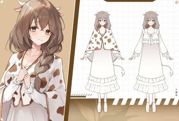 1girl animal_ears animal_print braid breasts brown_cloak brown_eyes brown_hair cleavage cloak collarbone commentary commission cow_ears cow_girl cow_horns cow_print dress frilled_dress frills full_body hair_between_eyes hands_up heeri high_heels horns large_breasts light_smile long_dress long_sleeves looking_at_viewer multicolored_cloak multiple_views original reference_sheet shoes single_braid solo two-tone_cloak upper_body white_cloak white_dress white_horns white_shoes