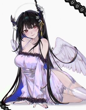 1girl absurdres alternate_costume angel_wings ani_019 arm_support asymmetrical_horns black_hair blue_hair breasts cleavage closed_mouth colored_inner_hair commentary dress english_commentary feathered_wings flower flower_knot garter_straps hair_ornament highres hololive hololive_english horn_flower horns large_breasts long_hair long_sleeves looking_at_viewer mole mole_under_eye multicolored_hair nerissa_ravencroft off-shoulder_dress off_shoulder purple_eyes short_dress side_slit sidelocks simple_background single_garter_strap single_thighhigh sitting slit_pupils smile solo spaghetti_strap tassel tassel_hair_ornament thighhighs uneven_horns very_long_hair virtual_youtuber white_background white_dress wings yokozuwari