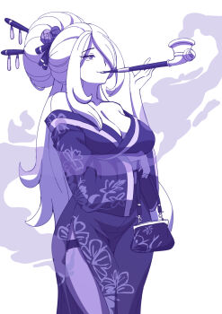 Rule 34 | 1girl, alternate breast size (larger), alternate costume, alternate hairstyle, breasts, check clothing, check hairstyle, cleavage, closed mouth, clothing request, commentary, cowboy shot, cynthia (pokemon), english commentary, floral print, flower, hair bun, hair flower, hair ornament, hair over one eye, hair stick, highres, holding, holding smoking pipe, japanese clothes, kimono, large breasts, long hair, long sleeves, monochrome, nintendo, pantyhose, pokemon, pokemon diamond/pearl/platinum, purple eyes, purple kimono, purple pantyhose, purple theme, side slit, smile, smoke, smoke trail, smoking, smoking pipe, smoking pipe in mouth, solo, swept bangs, wide sleeves, zuchysdraws