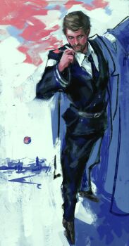 Rule 34 | 1boy, arm up, belt, belt buckle, black belt, black jacket, black necktie, black pants, black shoes, brown hair, buckle, cigarette, collared shirt, commentary, disco elysium, english commentary, facial hair, highres, holding, holding cigarette, jacket, jean vicquemare, lockwqq, long sleeves, looking to the side, male focus, necktie, pants, shirt, shoes, short hair, sideways glance, smoke, smoke trail, solo, standing, wing collar