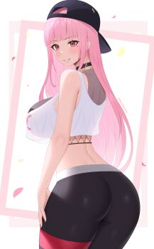 1girl absurdres backwards_hat baseball_cap black_choker black_hat black_nails black_panties black_pants blacksaikou blush breasts choker commentary english_commentary hat highres hololive hololive_english large_breasts long_hair looking_at_viewer mole mole_under_eye mori_calliope panties pants parted_lips pink_hair shirt smile solo standing underwear virtual_youtuber white_shirt