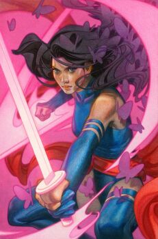 1girl acrylic_paint_(medium) bare_shoulders belt black_hair blue_gloves blue_leotard blue_thighhighs breasts brown_eyes bug butterfly butterfly_hair_ornament clenched_hand closed_mouth colored_pencil_(medium) elbow_gloves feet_out_of_frame fighting_stance gloves hair_ornament holding holding_sword holding_weapon insect katana leotard long_hair marvel medium_breasts my_name_is_tran official_alternate_costume painting_(medium) pink_background psylocke purple_butterfly red_belt solo superhero_costume swept_bangs sword thighhighs traditional_media weapon x-men