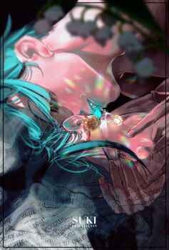 2boys aqua_hair black_hair blurry blurry_foreground brothers closed_eyes colorful depth_of_field dutch_angle earrings english_text eyelashes fingernails flower floyd_leech from_side glowing glowing_earrings hands_on_another&#039;s_face highres inset_border jade_leech jewelry leaf light_particles looking_at_another looking_down lying male_focus mau_sakura mouth_hold multicolored_hair multiple_boys paper parted_lips profile sharp_teeth shirt short_hair siblings solo_focus streaked_hair teeth teeth_hold twins twisted_wonderland two-tone_hair white_flower yaoi yellow_eyes