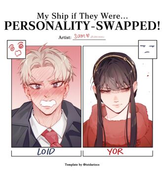 Rule 34 | 1boy, 1girl, black hair, blonde hair, blue eyes, blush, breasts, couple, earrings, gold earrings, gold hairband, hairband, hetero, highres, husband and wife, ideksams, jewelry, long hair, long sleeves, open mouth, red eyes, red sweater, shirt, short hair, sidelocks, spy x family, sweater, twilight (spy x family), yor briar