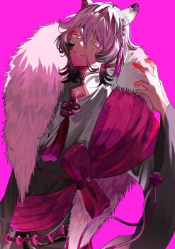 Rule 34 | 1boy, above-cleavage cutout, animal ear piercing, animal ears, backlighting, black hair, black kimono, clothing cutout, collarbone, colored extremities, colored tips, commentary request, cowboy shot, dark persona, dog boy, dog ears, ear covers, earrings, evil grin, evil smile, eyeshadow, fate/grand order, fate (series), flower knot, fur scarf, gradient clothes, gradient kimono, grey kimono, grin, hair between eyes, hanasaka no okina (fate), head tilt, highres, japanese clothes, jewelry, kimono, long hair between eyes, long sleeves, looking at viewer, magatama, makeup, male focus, mole, mole under eye, multicolored hair, multiple moles, neck tassel, pink background, pink sash, purple eyes, red eyeshadow, red hands, sash, shirt, shoulder sash, simple background, smile, solo, standing, tassel, tassel earrings, white hair, white shirt, wide sleeves, wolf cut, yuritoame