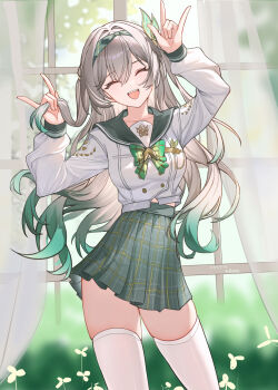 1girl breasts chinese_commentary commentary_request curtains firefly_(honkai:_star_rail) firefly_(spring_missive)_(honkai:_star_rail) gradient_hair green_hair green_hairband green_sailor_collar green_skirt grey_hair hairband highres honkai:_star_rail honkai_(series) lao_xi long_hair medium_breasts multicolored_hair official_alternate_costume sailor_collar school_uniform shirt skirt smile solo thighhighs thighs two-tone_hair v very_long_hair w white_shirt white_thighhighs window zettai_ryouiki