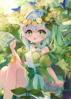 1girl alternate_costume bird blue_bird cross-shaped_pupils detached_sleeves dress falling_petals genshin_impact gradient_hair green_dress green_eyes green_hair grey_hair hair_ornament hand_up highres long_hair multicolored_hair nahida_(genshin_impact) open_mouth outdoors petals pioko pointy_ears puffy_short_sleeves puffy_sleeves short_sleeves sitting smile solo symbol-shaped_pupils