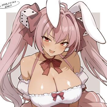 1girl animal_ears areola_slip blush bow bowtie breasts cleavage commentary_request dated di_gi_charat dice_hair_ornament fang grey_background hair_between_eyes hair_bow hair_ornament highres large_breasts long_hair looking_at_viewer open_mouth pink_hair pink_skirt rabbit_ears rabbit_girl red_bow red_bowtie red_eyes seo_tatsuya skirt smile solo twintails two-tone_background upper_body usada_hikaru v-shaped_eyebrows white_background