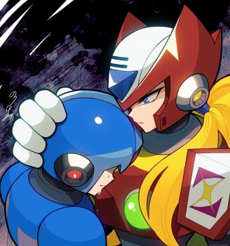 Rule 34 | 2boys, armor, blonde hair, blue armor, blue eyes, blue helmet, chest jewel, crying, forehead jewel, helmet, highres, long hair, male focus, mega man (series), mega man x (series), multiple boys, no-rishio, red armor, red helmet, shoulder armor, tears, upper body, x (mega man), zero (mega man)