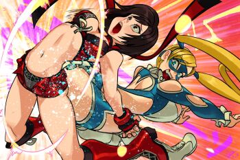 2girls alex_ahad ass ass-to-ass back_cutout blonde_hair boots breasts butt_bump clothing_cutout heart_cutout highres large_breasts midriff multiple_girls open_mouth rainbow_mika rowdy_reiko rumble_roses ryona street_fighter twintails
