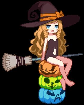 1girl :d ami_(ammy33) animated animated_gif blue_eyes blush broom clothing_cutout crossed_ankles doctor_magus doctor_magus_4 drill_hair drill_sidelocks etrian_odyssey fang flat_chest full_body halloween hat hat_ribbon holding holding_broom large_hat leotard loli long_hair looking_at_viewer navel navel_cutout open_mouth pixel_art pumpkin ribbon sekaiju_no_meikyuu sekaiju_no_meikyuu_2 sidelocks simple_background sitting skin_fang smile solo strapless strapless_leotard transparent_background very_long_hair witch_hat