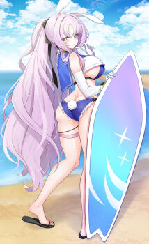 1girl animal_ears ass asya beach black_choker black_sandals blue_one-piece_swimsuit blue_sailor_collar blush bow_swimsuit breasts butt_crack choker closed_mouth cloud commentary cuffs day elbow_gloves feet frilled_one-piece_swimsuit frills from_behind full_body gloves grey_eyes hair_between_eyes hand_up highres holding holding_surfboard large_breasts legs long_hair looking_at_viewer looking_back median_furrow ocean one-piece_swimsuit outdoors parted_bangs ponytail purple_hair rabbit_ears rabbit_tail sailor_collar sailor_one-piece_swimsuit sandals shackles shia_(stella_sora) sideboob sidelocks single_ear_down standing stella_sora sunlight surfboard swimsuit tail thigh_strap thighs toes turning_head very_long_hair white_gloves white_trim