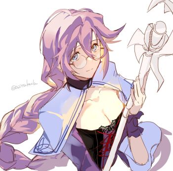 1girl azitsukeniku blue_eyes braid breasts capelet cleavage closed_mouth double-parted_bangs eiyuu_densetsu emma_millstein glasses hair_between_eyes highres holding holding_staff large_breasts long_hair looking_at_viewer mage_staff pink_hair sen_no_kiseki sen_no_kiseki_(series) sen_no_kiseki_iv simple_background single_braid smile solo staff twitter_username upper_body white_background