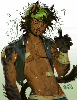 1boy alternate_design animal_ear_piercing animal_ears antonio_leon_mars_(skcd_loen) arm_hair bandaged_arm bandages bandaid bandaid_on_chest bandaid_on_face bandaid_on_nose bandaid_on_shoulder bandaid_on_stomach black_claws black_hair black_hands cat_ears cat_tail chest_hair chromatic_aberration claw_pose collared_vest colored_extremities commentary cowboy_shot denim_vest doodle_background ear_piercing english_commentary eyebrow_cut facial_hair facial_mark fang fang_out goatee gradient_background green_background green_eyes green_hair halftone hand_up hashtag-only_commentary highres looking_at_viewer male_pubic_hair male_underwear mullet multicolored_hair mustache_stubble mutton_chops navel open_clothes open_vest original piercing pubic_hair ring_piercing silver_piercing skcd_loen smile sparkle split-color_hair stomach_hair stubble tail tan teeth thick_arm_hair two-tone_background two-tone_hair underwear vest wavy_ends whisker_markings white_background