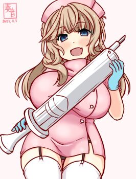 1girl alternate_costume artist_logo black_panties breasts cowboy_shot dated dress hat holding holding_syringe kanon_(kurogane_knights) kantai_collection large_breasts large_syringe logo long_hair looking_at_viewer nurse nurse_cap one-hour_drawing_challenge open_mouth oversized_object panties ranger_(kancolle) short_sleeves smile solo syringe thighhighs underwear white_background white_thighhighs