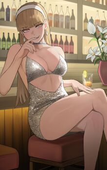 Rule 34 | 1girl, alcohol, bar (place), bar stool, blonde hair, blunt bangs, bottle, breasts, claire volikova, cocktail glass, collarbone, counter, cup, dress, drinking glass, finger in own mouth, hairband, highres, indoors, jourd4n, original, pink eyes, shelf, silver dress, sitting, smile, solo, stool, teeth, thighs, upper teeth only