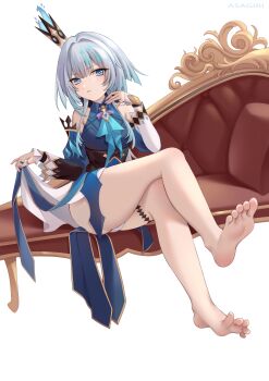 1girl absurdres asagiri_ai bare_shoulders barefoot blue_dress blue_eyes blue_hair breasts cerydra_(honkai:_star_rail) commentary_request couch crossed_legs crown detached_sleeves dress hair_intakes highres honkai:_star_rail honkai_(series) long_hair looking_at_viewer medium_breasts on_couch simple_background soles solo thighs toes very_long_hair white_background