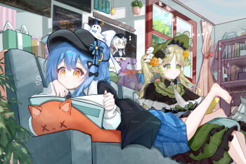 Rule 34 | 2girls, absurdly detailed composition, absurdres, banbanban li, barefoot, black capelet, black hat, blue hair, book, bookshelf, box, calendar (object), capelet, checkered clothes, checkered skirt, commentary request, dress, frilled dress, frills, full body, gift, gift box, green eyes, green hair, green hat, hair between eyes, hat, highres, holding, holding book, loaded interior, long hair, lying, mahou shoujo no majo saiban, medium hair, multiple girls, on person, on stomach, orange eyes, plant, poster (object), potted plant, reading, skirt, stuffed animal, stuffed cat, stuffed toy, tachibana sherry, teddy bear, tono hanna, twintails, victorian, window, yuri
