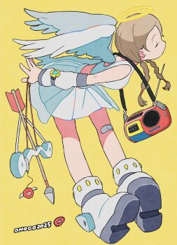 Rule 34 | 1girl, angel, angel wings, arrow (projectile), artist name, bare shoulders, boots, bow (weapon), brown hair, closed eyes, crop top, detached sleeves, flying nimbus, full body, highres, onoconokoko0625, original, radio, radio antenna, shoe soles, simple background, skirt, solo, tank top, weapon, white boots, white skirt, white tank top, wings, yellow background