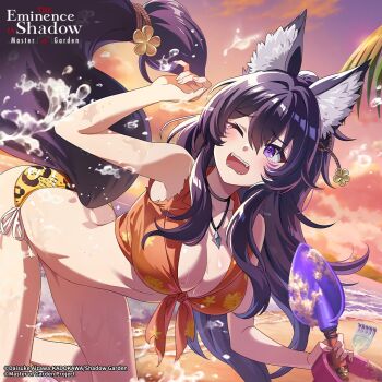 1girl animal_ear_fluff animal_ears artist_request beach bent_over black_hair breasts cleavage cloud copyright_name copyright_notice delta_(kage_no_jitsuryokusha_ni_naritakute!) holding_trowel jewelry kage_no_jitsuryokusha_ni_naritakute! kage_no_jitsuryokusha_ni_naritakute!_master_of_garden long_hair necklace ocean official_art one_eye_closed open_mouth orange_shirt purple_eyes shirt sky solo tail tearing_up tied_shirt wet