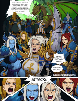1boy 4girls angry ass blonde_hair blue_skin breasts brown_hair clothes colored_skin dragon english_text giant highres horns large_breasts long_hair monster monster_girl mrpenning multiple_girls open_mouth ponytail red_hair speech_bubble tail warcraft warrior white_hair world_of_warcraft