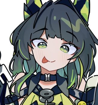 1girl :p animal_ears arknights bare_shoulders black_collar black_hair blush collar green_eyes green_hair hair_intakes looking_at_viewer mon3tr_(arknights) multicolored_hair nuggetkouhai portrait simple_background smile solo streaked_hair tongue tongue_out two-tone_hair upper_body white_background