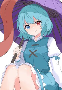 1girl blue_eyes blue_hair blue_skirt blue_vest closed_mouth commentary_request cross-laced_clothes heterochromia highres holding holding_umbrella juliet_sleeves long_sleeves looking_at_viewer puffy_sleeves purple_umbrella red_eyes short_hair simple_background skirt smile solo tatara_kogasa tongue touhou touhourennsyuu umbrella v-shaped_eyebrows vest white_background
