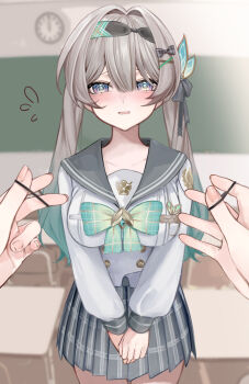 1girl 1other @_@ alternate_hairstyle analog_clock aqua_bow aqua_bowtie black_hairband blurry blurry_background bow bowtie breasts buttons chalkboard classroom clock commentary_request cowboy_shot double-breasted fingernails firefly_(honkai:_star_rail) firefly_(spring_missive)_(honkai:_star_rail) flying_sweatdrops gradient_hair green_hair grey_hair grey_sailor_collar grey_skirt hair_between_eyes hair_bow hair_intakes hair_ornament hair_tie hairband hairclip highres holding holding_hair_tie honkai:_star_rail honkai_(series) impossible_clothes impossible_shirt indoors large_breasts long_fingernails long_hair long_sleeves looking_at_viewer multicolored_hair name_tag official_alternate_costume open_mouth own_hands_together plaid_bow plaid_bowtie plaid_clothes plaid_skirt pov pov_hands purple_eyes sailor_collar sakusaku_(616saku) school_uniform serafuku shirt skirt solo_focus twintails variant_set wall_clock white_shirt