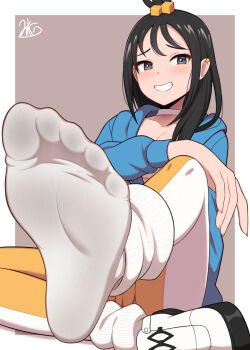 1girl black_hair blue_jacket blush border breasts choker collarbone commentary_request cube_hair_ornament ear_piercing feet foot_focus foreshortening full_body grey_background grey_eyes hair_ornament highres jacket jkisaradu leg_warmers lida_(pokemon) long_sleeves nintendo no_shoes orange_pantyhose pantyhose piercing pokemon pokemon_legends:_z-a shoes signature single_shoe sitting small_breasts smile solo two-tone_pantyhose white_border white_choker white_leg_warmers white_pantyhose