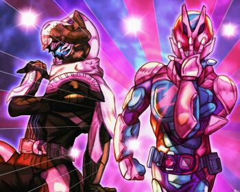 2boys animal_hood armor battle_tendency burmeoburmeo clenched_hand demon demon_boy rider_belt highres hood jojo_no_kimyou_na_bouken jojo_pose kamen_rider kamen_rider_revi kamen_rider_revice kamen_rider_vice multiple_boys open_hand pink_armor pink_scarf red_eyes revice_driver rex_genome scarf sharp_teeth sparkle_background teeth two-tone_background tyrannosaurus_rex vistamp