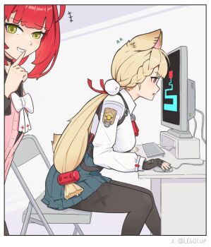 +++ 2girls alice_thymefield animal_ears black_choker black_gloves black_pantyhose black_sailor_collar blonde_hair blunt_bangs blunt_ends bow braid braided_bangs breasts cardigan chair choker collared_shirt commentary computer computer_keyboard computer_mouse desk dress_shirt finger_to_mouth fingerless_gloves flying_sweatdrops folding_chair from_side gloves green_eyes green_skirt grin hair_ornament high-waist_skirt holding_computer_mouse jagos_(legocup) leaning_forward light_blush long_hair long_sleeves looking_at_viewer low-tied_long_hair low_twintails medium_breasts miniskirt monitor multiple_girls on_chair pantyhose parted_lips pink_cardigan pleated_skirt rabbit_ears rabbit_girl rabbit_tail red_eyes red_hair sailor_collar scary_maze_game shirt shushing sidelocks sideways_glance sitting skirt smile sphere_hair_ornament strap symbol-only_commentary table tail teeth twintails ukinami_yuzuha very_long_hair white_background white_bow white_shirt zenless_zone_zero