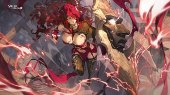 1girl anniversary black_garter_belt blue_eyes boots breasts commentary copyright_logo copyright_name dynamic_pose elbow_gloves electricity english_commentary ethereal_joan_(silver_and_blood) fingerless_gloves garter_belt gloves hair_over_one_eye highres holding holding_shield large_breasts logo long_hair nail_polish navel official_art pelvic_curtain red_hair revealing_clothes shield side_capelet silver_and_blood thigh_boots