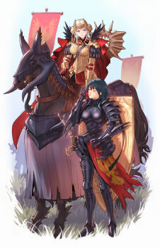 Rule 34 | 2girls, armor, armored animal, axe, aymr (fire emblem), black armor, boobplate, breastplate, cape, commentary, edelgard von hresvelg, edelgard von hresvelg (timeskip), english commentary, female byleth (fire emblem), fire emblem, fire emblem: three houses, green hair, highres, horse, kite shield, looking at another, multiple girls, nintendo, official alternate costume, pelvic curtain, radiostarkiller, red cape, riding, smile, sword of the creator, weapon, weapon on back, white hair