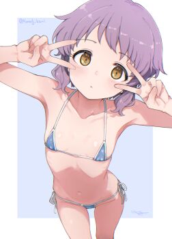 1girl absurdres armpits bare_shoulders bikini blue_background blue_bikini blush border collarbone cowboy_shot dot_nose double_v expressionless eyelashes flat_chest from_above groin halterneck hands_up highres idolmaster idolmaster_million_live! idolmaster_million_live!_theater_days komodj looking_at_viewer makabe_mizuki micro_bikini navel outside_border parted_lips purple_hair ribs short_hair side-tie_bikini_bottom sidelocks signature skinny solo standing swimsuit twitter_username v wavy_hair white_border yellow_eyes