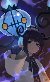 1girl absurdres black_dress black_eyes black_hair blunt_bangs bob_cut chandelure coat commentary_request dress gen_5_pokemon gloves gomashiwo_o gwynn_(pokemon) hat highres long_sleeves looking_at_viewer nintendo open_clothes open_coat partially_fingerless_gloves pointing pointing_at_viewer pokemon pokemon_(creature) pokemon_legends:_z-a short_hair upper_body white_coat