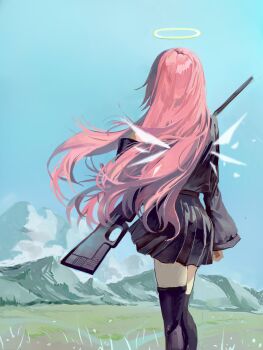 1girl arknights black_jacket black_skirt black_thighhighs chinese_commentary commentary_request detached_wings facing_away from_behind grass guang_yuanye_jie gun halo highres jacket lemuen_(arknights) long_hair long_sleeves mountainous_horizon outdoors pink_hair pleated_skirt rifle skirt sky solo standing thighhighs traditional_halo weapon wings