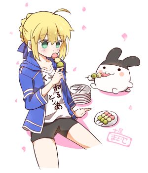 1girl ahoge alternate_costume artist_self-insert artoria_pendragon_(fate) black_shorts blonde_hair blue_bow blue_jacket bow braid braided_bun dango eating fate/stay_night fate_(series) food green_eyes hair_bow hair_bun holding holding_food hood hooded_jacket jacket official_alternate_costume plate saber_(fate) sanshoku_dango shirt shorts sidelocks tsuchiya_madose wagashi white_background white_shirt