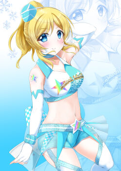 Rule 34 | 1girl, absurdres, arm behind head, arm up, armpits, ayase eli, bare shoulders, blonde hair, blue background, blue eyes, blue shorts, blush, breasts, clothes writing, clothing request, collarbone, collared shirt, commentary request, cowboy shot, crop top, earrings, elbow gloves, fingerless gloves, gloves, gradient background, groin, hair between eyes, hair ornament, hair ribbon, hat, highres, jewelry, long hair, looking at viewer, love live!, love live! school idol festival, love live! school idol festival after school activity, love live! school idol project, medium breasts, midriff, mini hat, navel, ponytail, race queen, rapiecage (8107ka), ribbon, shirt, short shorts, shorts, sidelocks, smile, solo, standing, thighhighs, white background, white gloves, white thighhighs, wrist cuffs, zoom layer