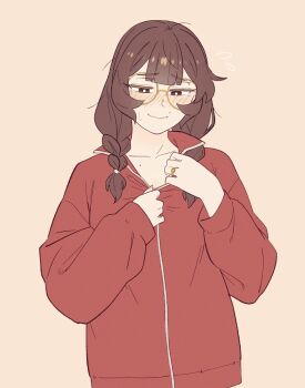 1girl artist_self-insert blunt_bangs blush braid breasts bright_pupils brown_eyes brown_hair commentary english_commentary fingernails glasses highres jacket jewelry long_hair mole mole_above_mouth multiple_moles original realda_(vibrantrida) red_jacket ring round_eyewear simple_background smile solo twin_braids unzipping vibrantrida white_pupils yellow-framed_eyewear