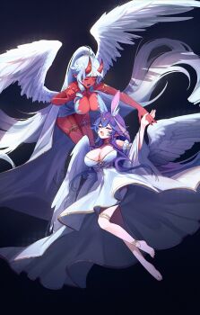 Rule 34 | akumi (yoclesh), bare shoulders, black background, blue hair, breasts, closed eyes, colored skin, commentary, cottontail (vtuber), dress, english commentary, feathered wings, full body, high ponytail, highres, indie virtual youtuber, large breasts, long hair, original, pointy ears, ponytail, purple hair, red skin, simple background, strapless, strapless dress, virtual youtuber, white dress, white wings, wings, yoclesh
