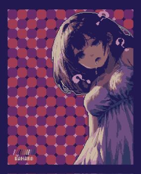 1girl ? artist_name breasts breasts_apart brown_hair collarbone dress drooling from_below furrowed_brow half-closed_eye highres hypnosis large_breasts long_hair looking_down mind_control no_pupils open_mouth optical_illusion original pixel_art raised_eyebrow solo specialhanako standing sundress white_dress
