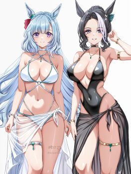 2girls animal_ears bikini black_hair black_one-piece_swimsuit blue_eyes breasts commentary_request grey_background highres horse_ears horse_girl large_breasts looking_at_viewer mejiro_ardan_(umamusume) mejiro_ramonu_(umamusume) mole mole_under_eye multicolored_hair multiple_girls one-piece_swimsuit purple_eyes siblings simple_background sisters standing streaked_hair swimsuit thigh_strap thighs tsukiyuki_mike umamusume white_bikini white_hair