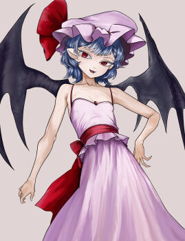1girl absurdres bare_shoulders bat_wings breasts camisole cleavage collarbone eyamigusa8823 flat_chest frilled_hat frills grey_background hat hat_ribbon highres mob_cap purple_hair red_eyes red_ribbon remilia_scarlet ribbon short_hair simple_background skirt solo spaghetti_strap touhou waist_ribbon white_camisole white_hat white_skirt wings