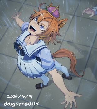 1girl 1other absurdres animal_ears black_shoes crown dated dogeyama_um ear_ornament from_above full_body hair_between_eyes highres horse_ears horse_girl horse_tail jewelry looking_up messy_hair miniskirt open_mouth orange_hair outdoors outstretched_arms pleated_skirt purple_eyes rain school_uniform shirt shoes short_hair short_sleeves skirt smile solo_focus spread_arms spread_fingers standing t.m._opera_o_(umamusume) tail thighhighs tracen_school_uniform umamusume water wet wet_clothes wet_face wet_hair white_thighhighs