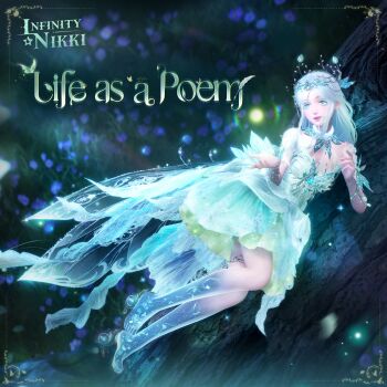 1girl 3d absurdres album_cover artist_request bare_legs bare_shoulders barefoot blue_eyeshadow blue_gem blue_skin breasts butterfly_brooch butterfly_hair_ornament chest_jewel circlet cleavage colored_extremities colored_eyelashes colored_skin commentary copyright_logo cover dress english_commentary english_text eyeshadow fairy fairy_wings field fireflies flower flower_field forest_ripple_(infinity_nikki) full_body gem green_dress green_eyes hair_ornament happy highres infinity_nikki jewelry light_particles lipstick logo long_hair low_wings lying makeup night nikki_(series) official_art on_side open_mouth outdoors outstretched_hand pink_lips purple_flower second-party_source sidelocks smile solo strapless strapless_dress thighlet title transparent_wings wavy_hair white_hair white_wings wings